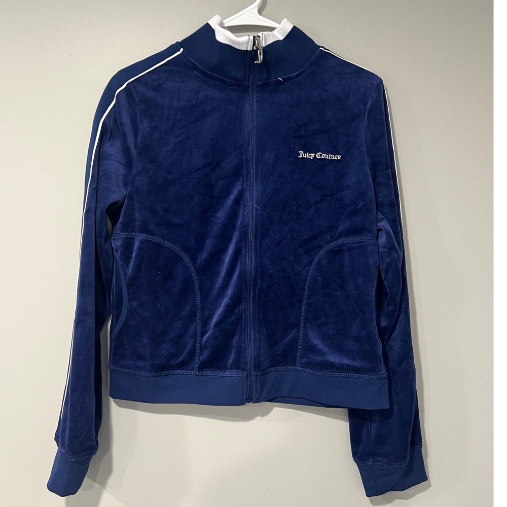 Juicy Couture Navy Blue Velour Track Jacket Pickleball Graphic Juicy Anyone? L